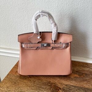 LEATHER INSIDE & OUT Pink Orange Pebble 25 BK Satchel Belted Top Handle Gold